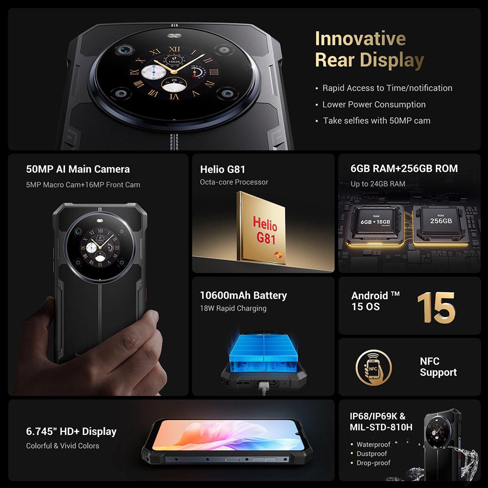 FOSSiBOT Защищенный смартфон F109S, Android 15, 6+256 ГБ, аккумулятор 10600 мАч, камера 50 МП, NFC - вилка ЕС