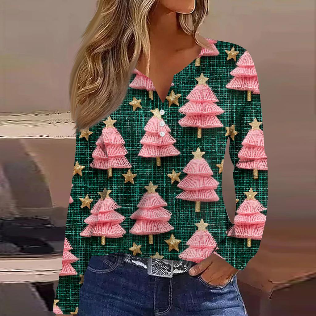 Женская модная повседневная футболка с V-образным вырезом, на пуговицах, с длинным рукавом, с рождественским принтом