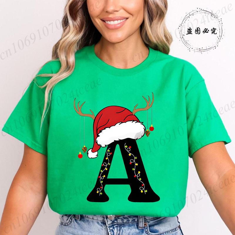 Fashion Merry Christmas Gift for Female Clothing Christmas 26 Alphabet Print TShirt for Women Casual Xmas Tees Short Sleeve Top