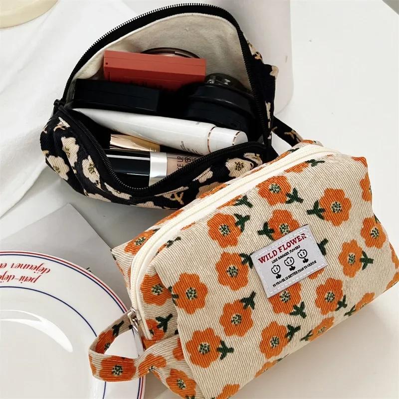 Corduroy Makeup Bags for Women Floral Print Cosmetic Bag Pencil Case Travel Toiletry Bag Storage Bag Organizer Beauty Case