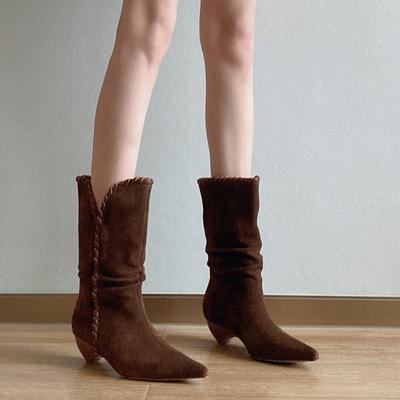 Suding Home~ Нишевые ретро тканые ковбойские ботильоны с острым носком и V-образным вырезом, на толстом каблуке, со сборками, средней высоты голенища, на одной педали, ботильоны-чулки