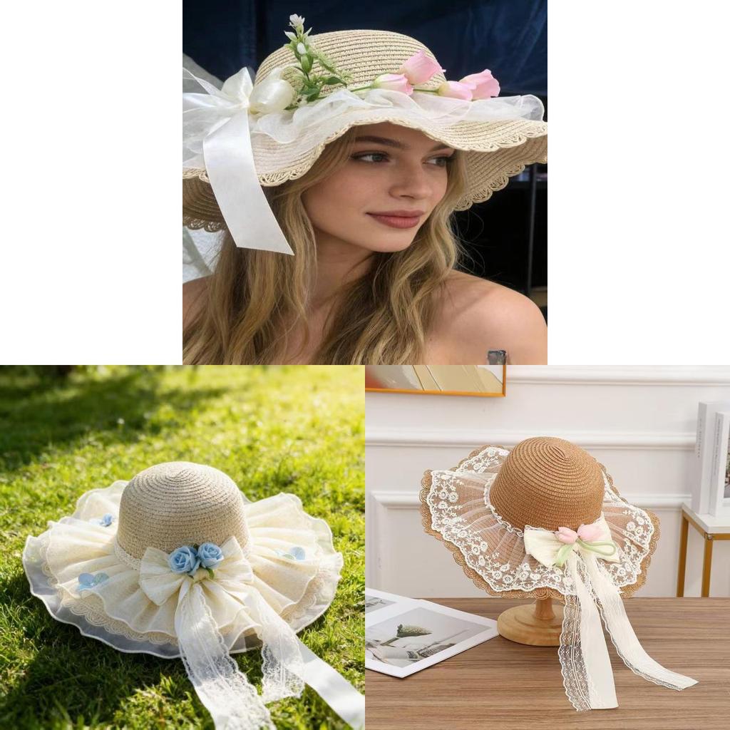 Summer Straw Hat With Lace Bow And Wide Brim For Sun Protection And Beach Vacation