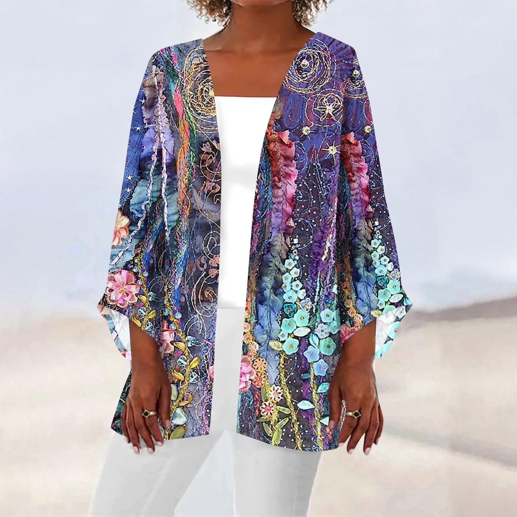 Women's Casual Fashion Caot Retro Printed Lightweight Medium Length Jacket Cardigan