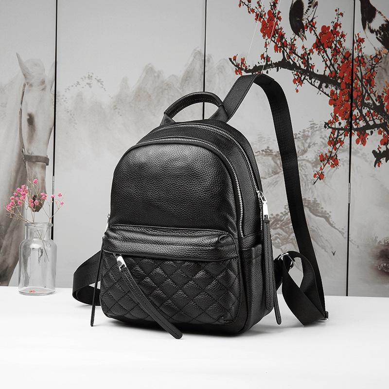 Genuine Leather Women's Fashion Large Capacity Diamond Check Backpack Women's Commuter Travel Backpack