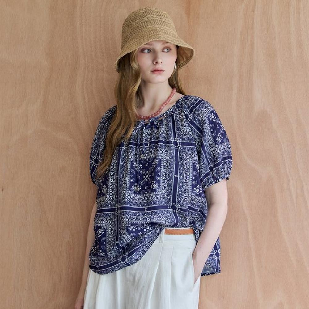 Maxza Paisley Flower Ribbon Puff Blouse