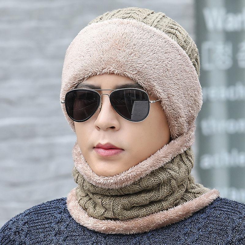 Unisex Plush Fleece Lined Winter Hat Thicken Warm Knitted Suit Set Soft Stretch Winter Hats For Men Women Leisure Beanie Cap