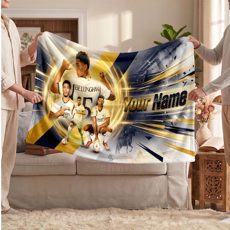 Jude Bellingham Personalized Fleece Blanket With Football Logo, Custom Name Text Soft Warm Home Throw Blanket