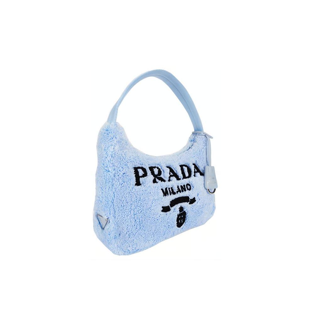 Prada Re-Edition Embroidered Logo Accent 2000 Soft Terry Fabric Hobo Shoulder Bag Mini Women bags Light-Blue Black 1NE515_2DXO_F0D4O