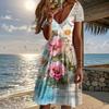Summer Fashion Women's V Neck Short Sleeve Flower Printed  Dress Sex Short Skirt Dresses