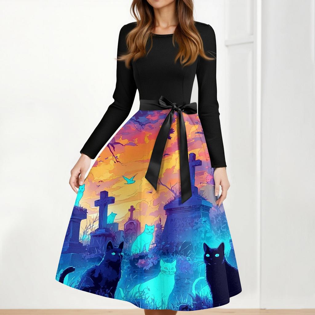 Women's Casual Fashion Halloween Printed Round Neck Vintage Dress