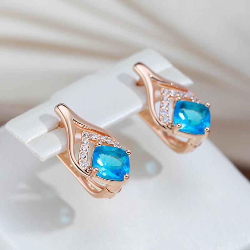 Delicate Golden Color Drop Earrings for Women Luxury Square Aqua Blue Zircon Accessories Best Gift Daily Jewelry