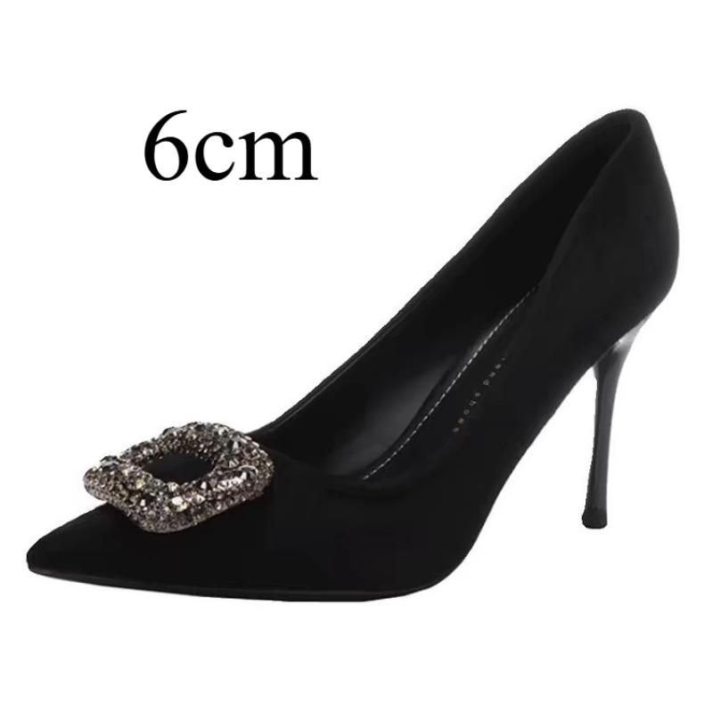 Women's Stiletto Rhinestone Suede Elegant Pointed-Toe Square Buckle French Minority Beautiful High Heels