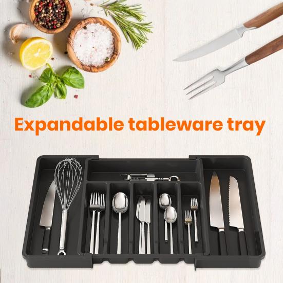 Expandable Utensil Tray Thickened 8 Compartments Easy Sorting Adjustable Width Countertop Organization Tray
