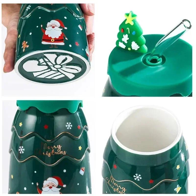 Christmas Creative Elk Snowman Ceramic Cup Creative Christmas Tree Cup with Lid Straw Gift Practical Cartoon Cup