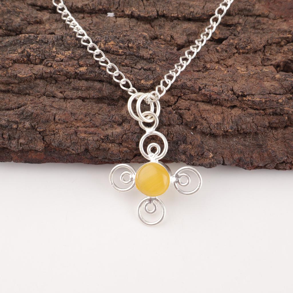 Yellow Cat's Eye Gemstone 925 Sterling Silver Jewelry Handmade Pendant For Girls PP-41-48