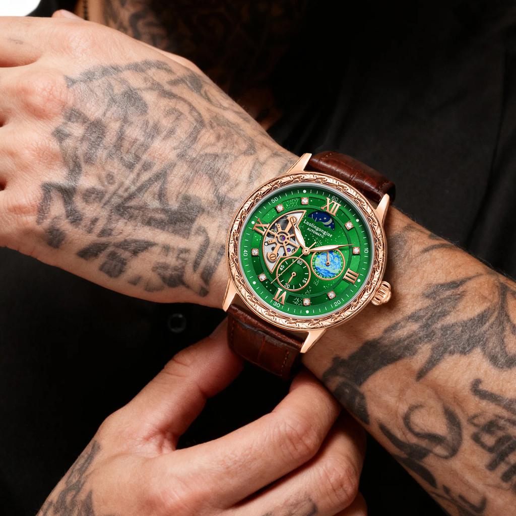 Роскошные мужские деловые автоматические механические часы, с дизайном скелетона, ретро-стильным резным циферблатом, в подарок наручные часы