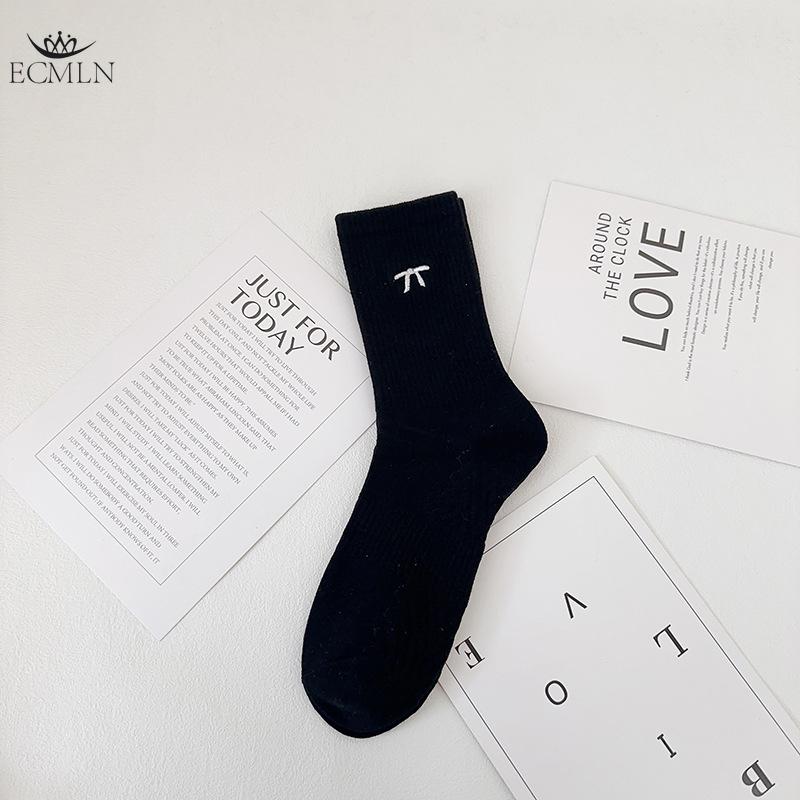 Женские носки из чистого хлопка средней длины, носки для девочек с вышитым бантом, дышащие простые носки для колледжа
