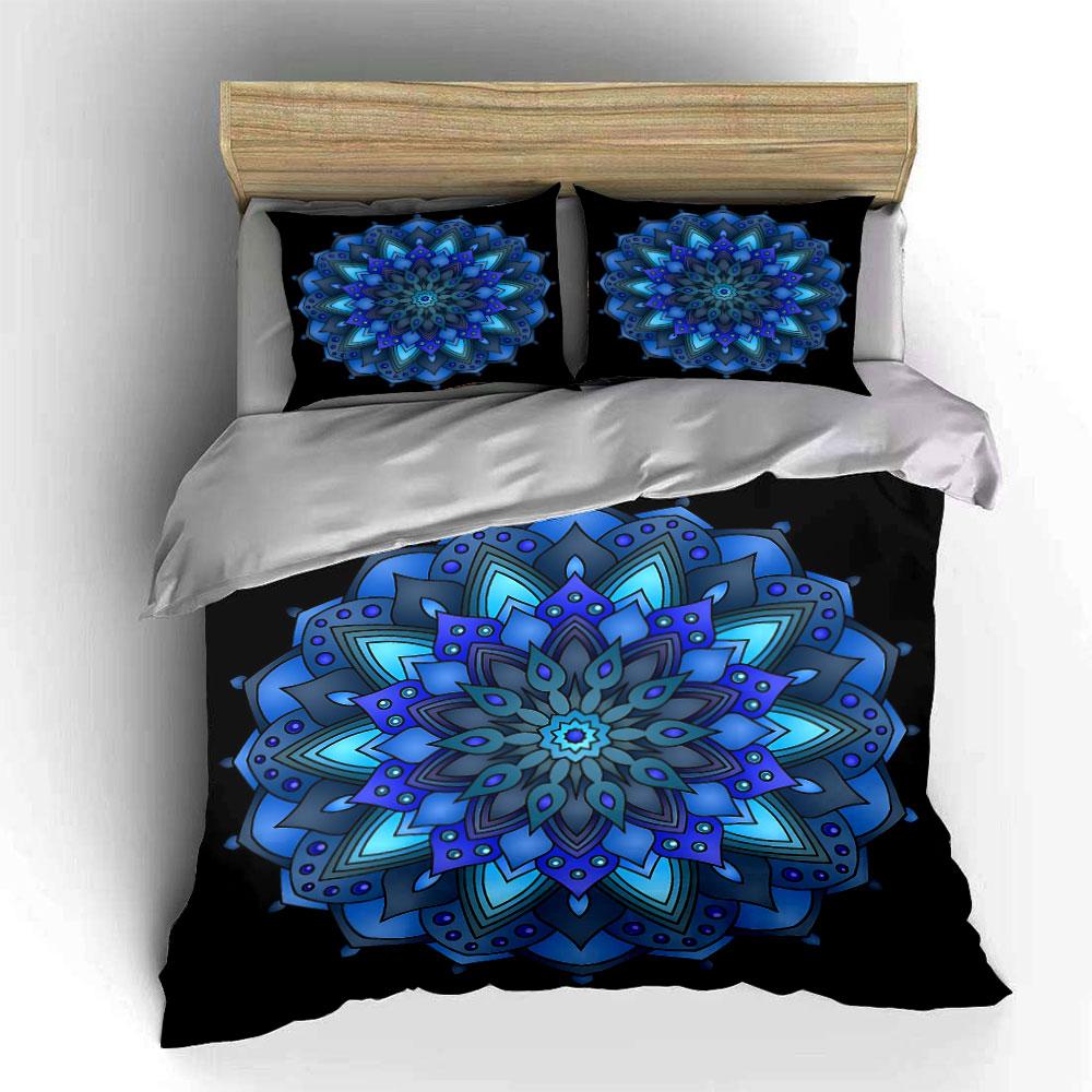 3Pcs Blue Mandala Bedding Set, Intricate Bohemian Flower Print Duvet Cover + 2 Pillowcases, Zen Decor