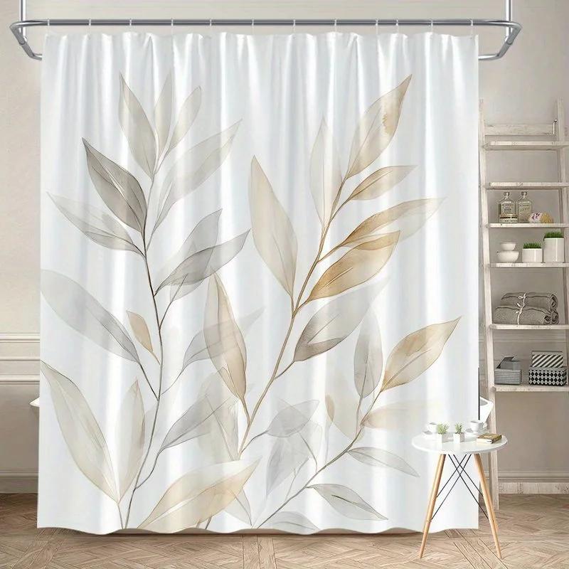 1 delicate leaf shower curtain, digital watercolor illustration featuring elongated leaves in beige, light brown, and light grey