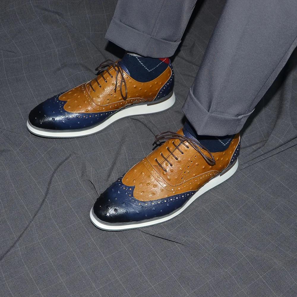Роскошные мужские оксфорды ручной работы из натуральной коровьей кожи на шнуровке, с крылышками, броги, с узором под страуса, коричнево-синие, повседневная обувь для мужчин