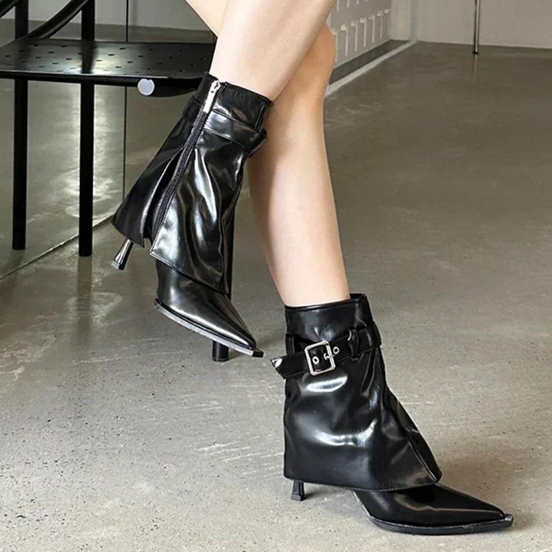 Женские ботильоны с острым каблуком 2024 года, мягкие кожаные ботильоны, новые корейские ботильоны на шпильках, женские модные гладиаторские готические ботинки челси