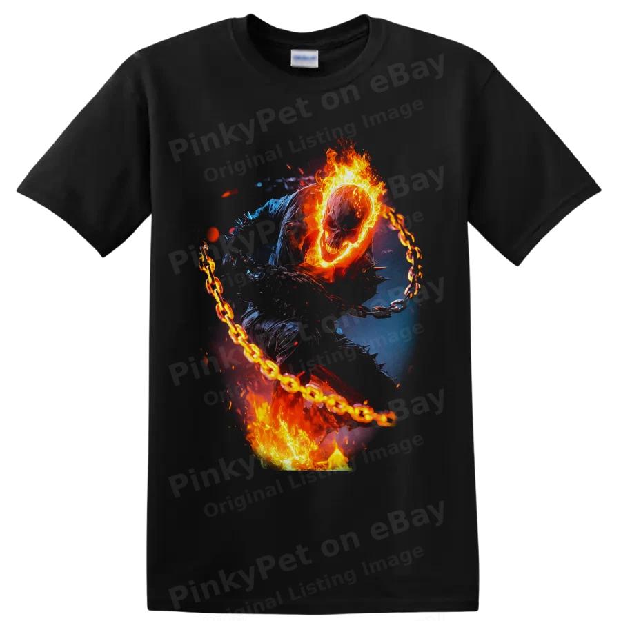Ghost Rider Marvel Flaming Skull Chain Superhero T Shirt Graphic Tee Art