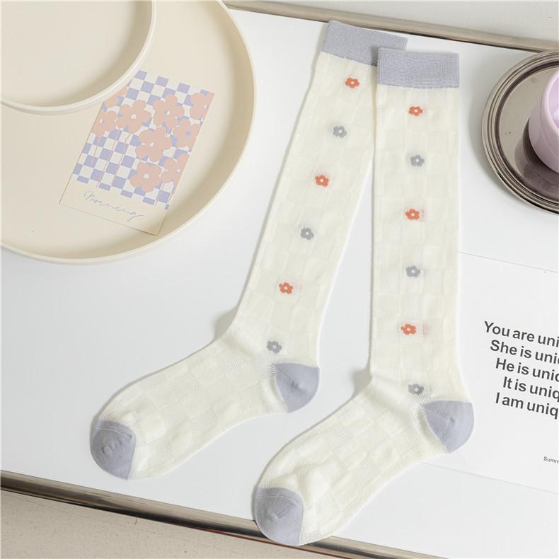 Spring And Summer Color Matching Plaid Flower Calf Socks Women'S Retro Mori College Style Knee Cotton Socks Japanese Jk