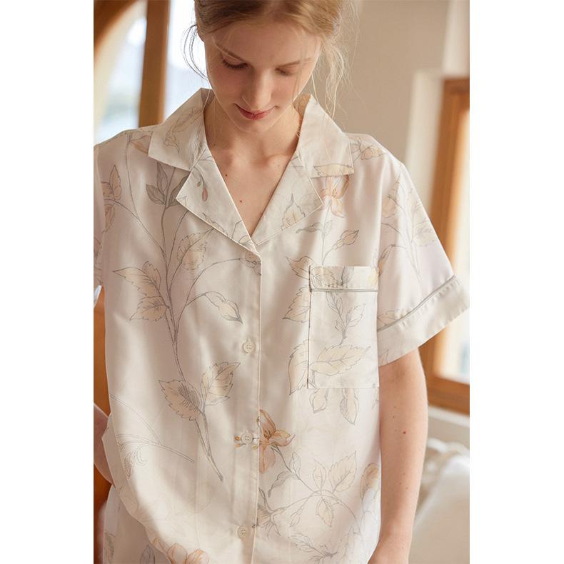 Summer Lyocell Tencel lapel short-sleeved pajama set women's flower print loungewear can be worn outside