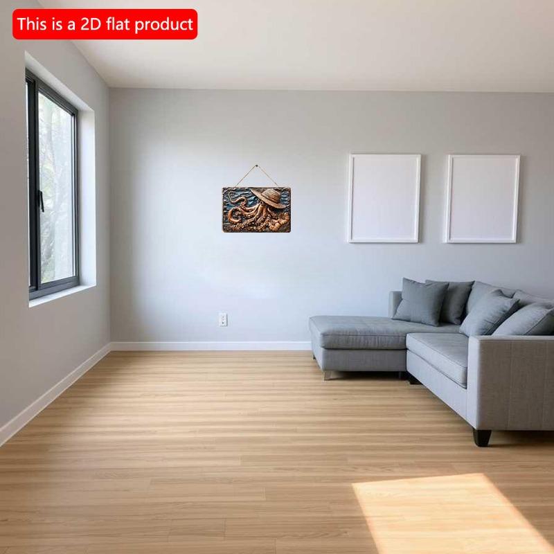 2D Плоская Деревянная Табличка 30*20см Морской Осьминог Деревянное Настенное Искусство: Осьминог в соломенной шляпе, Декор в прибрежном стиле, Декоративное настенное искусство, Декоративная деревянная табличка