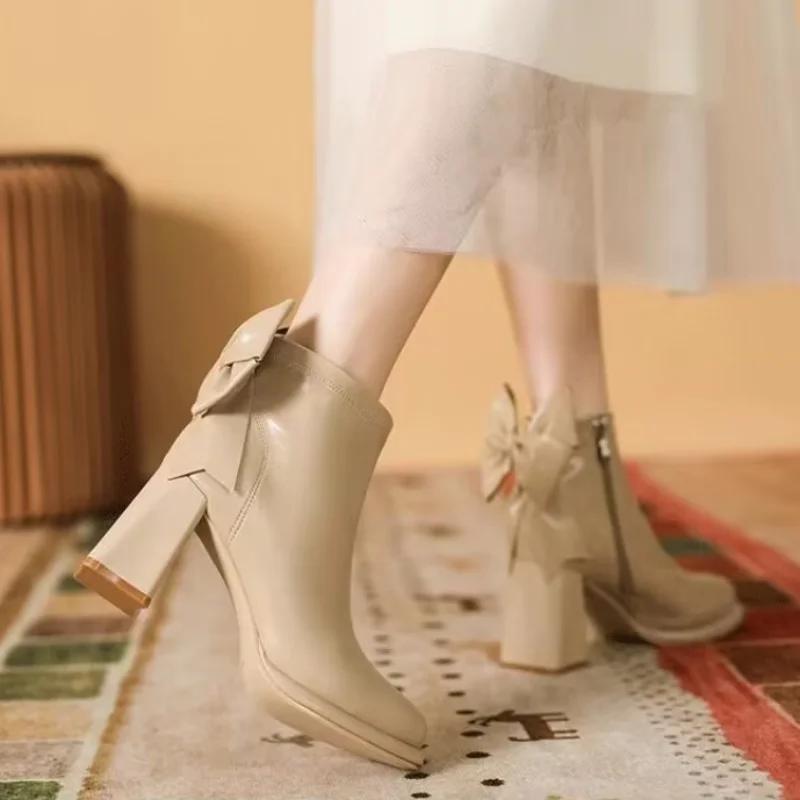 Новые модные женские туфли с круглым носком и квадратным каблуком, элегантные износостойкие повседневные удобные короткие ботинки