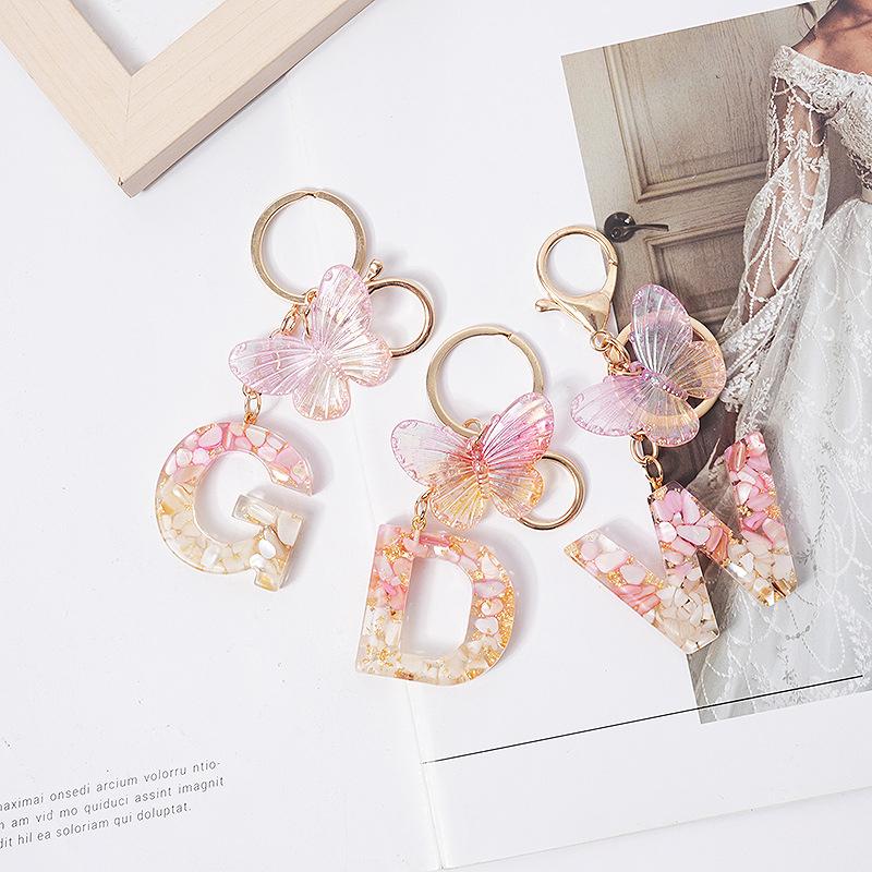 Розовая мечта Бабочка 26 букв от А до Я брелок из смолы 26 инициалов Белый камень сусальное золото кулон брелок для рюкзака подвеска сумка Декор