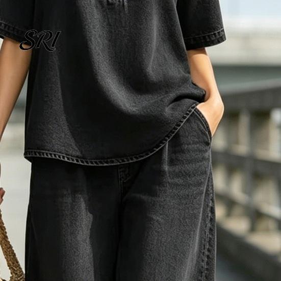 Loose Fit Summer Clothes Women's 2 Piece Denim Set Short Sleeve Lapel V Neck Pants And Top Wide Leg Tracksuit Casual Vacation Outfits with Pockets
