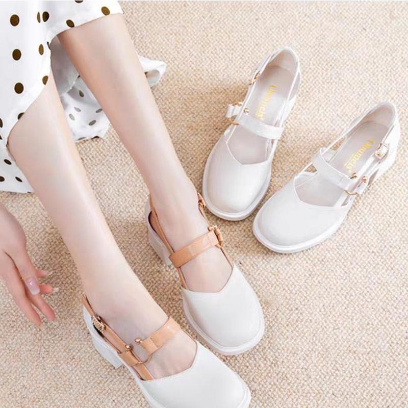 Thick with Summer Leather Shoes Female Sweet Temperament High with Round Head Sandals Female