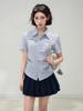 Женская синяя клетчатая укороченная рубашка с короткими рукавами, приталенная, Лето 2026