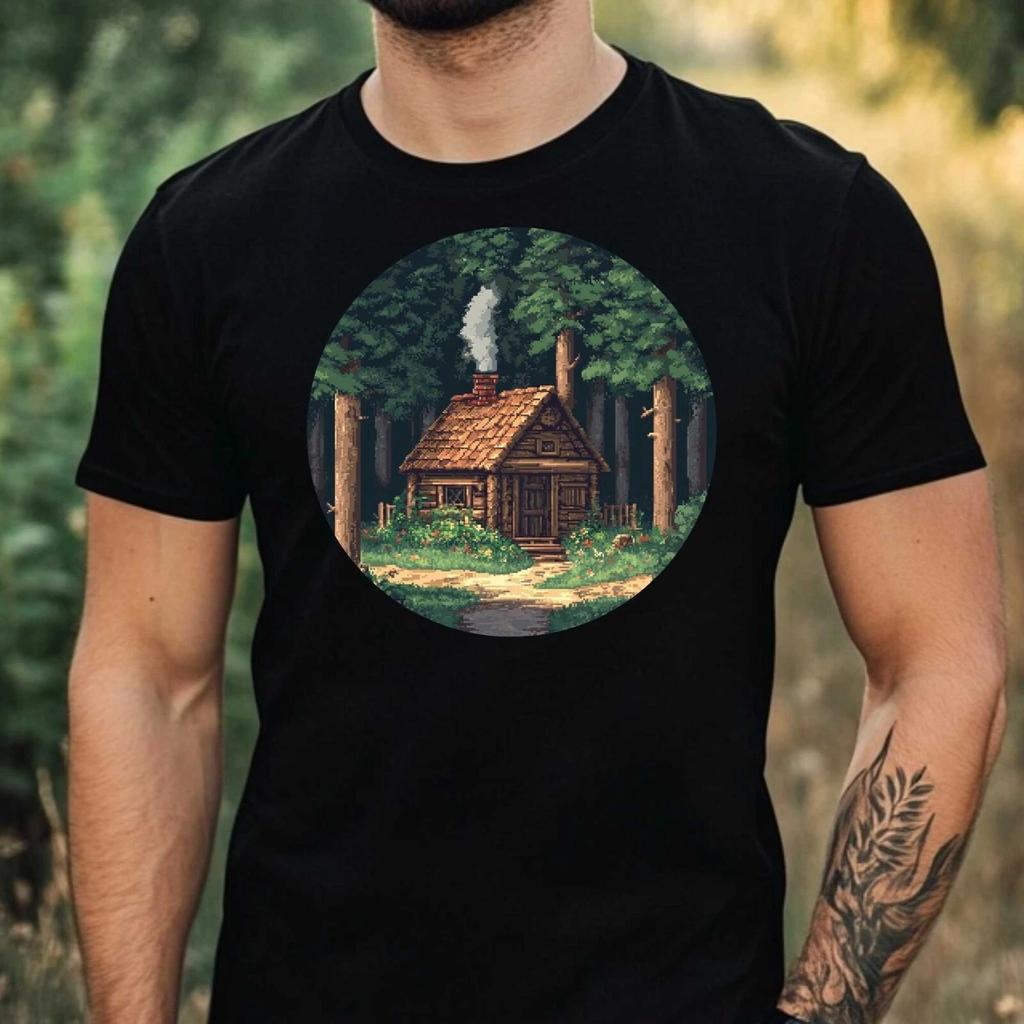 T-Shirt Herren Holzfällerhütte im Wald Motiv Baumwolle Größe XS bis 5XL