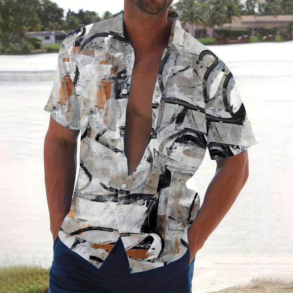 Men's Summer New Loose Print Short Sleeve Shirt Cardigan Beach Shirt