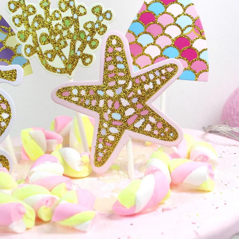 5Pcs/Set Cute Mermaid Tail Starfish Coral Seahorse Cake Toppers Party Supplies