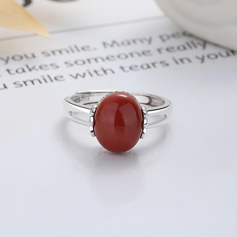 Adjustable Open Ring Women Men With Double Oval Red Agate Gemstone Vintage Chinese Style Statement Jewelry