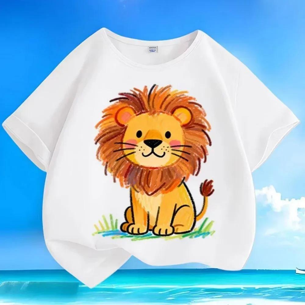 Boys Girls Fashion White Short Sleeve T Shirt Cute Hand Drawn Cartoon Lion Grass Background Print Summer Versatile Comfort Tee