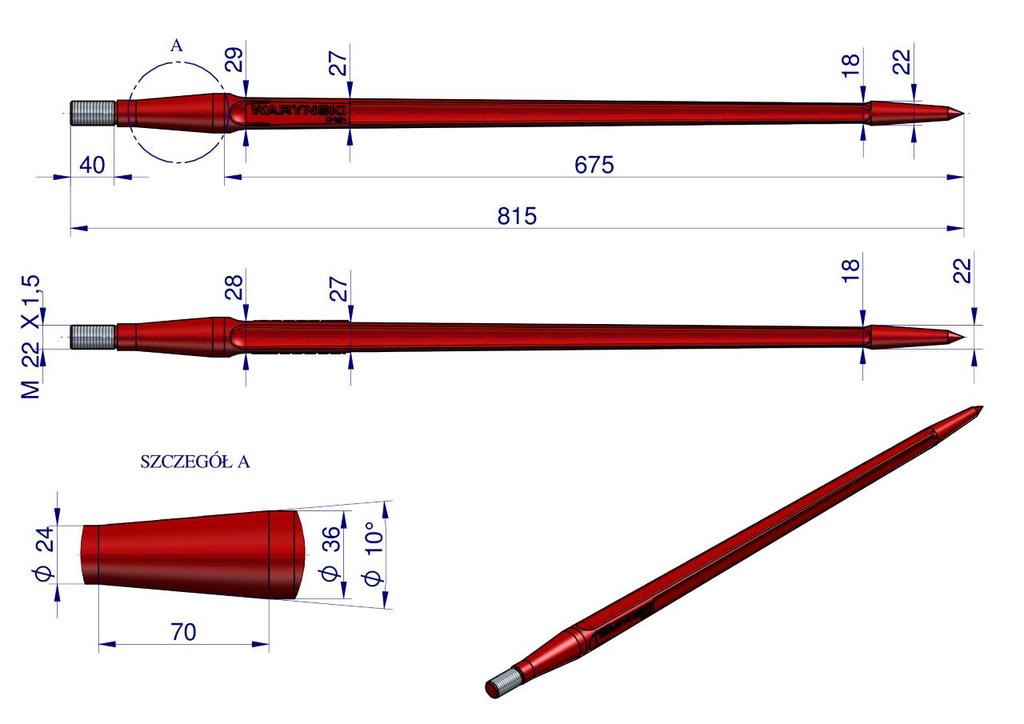 Ząb Ładowacza Uniwersalny Czerwony Prosty L- 810 Mm Zastosowanie 5193-Ft1N Tur Waryński W9132-810P