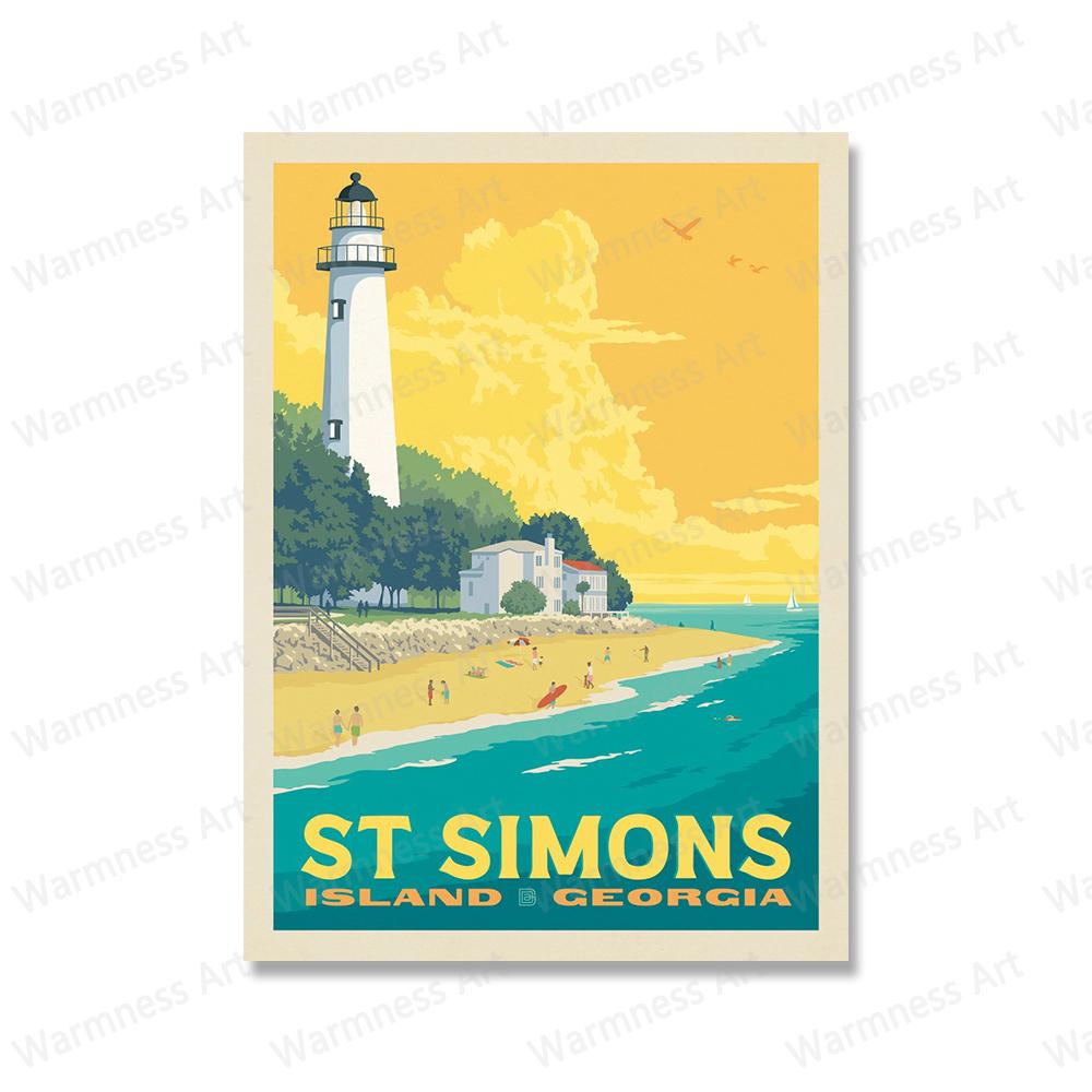 Маяк Морская волна Пейзаж Холст Плакаты Настенная живопись Печать Англия Внешние отмели Остров Сент-Саймонс Живопись Картины Домашний декор Без рамки