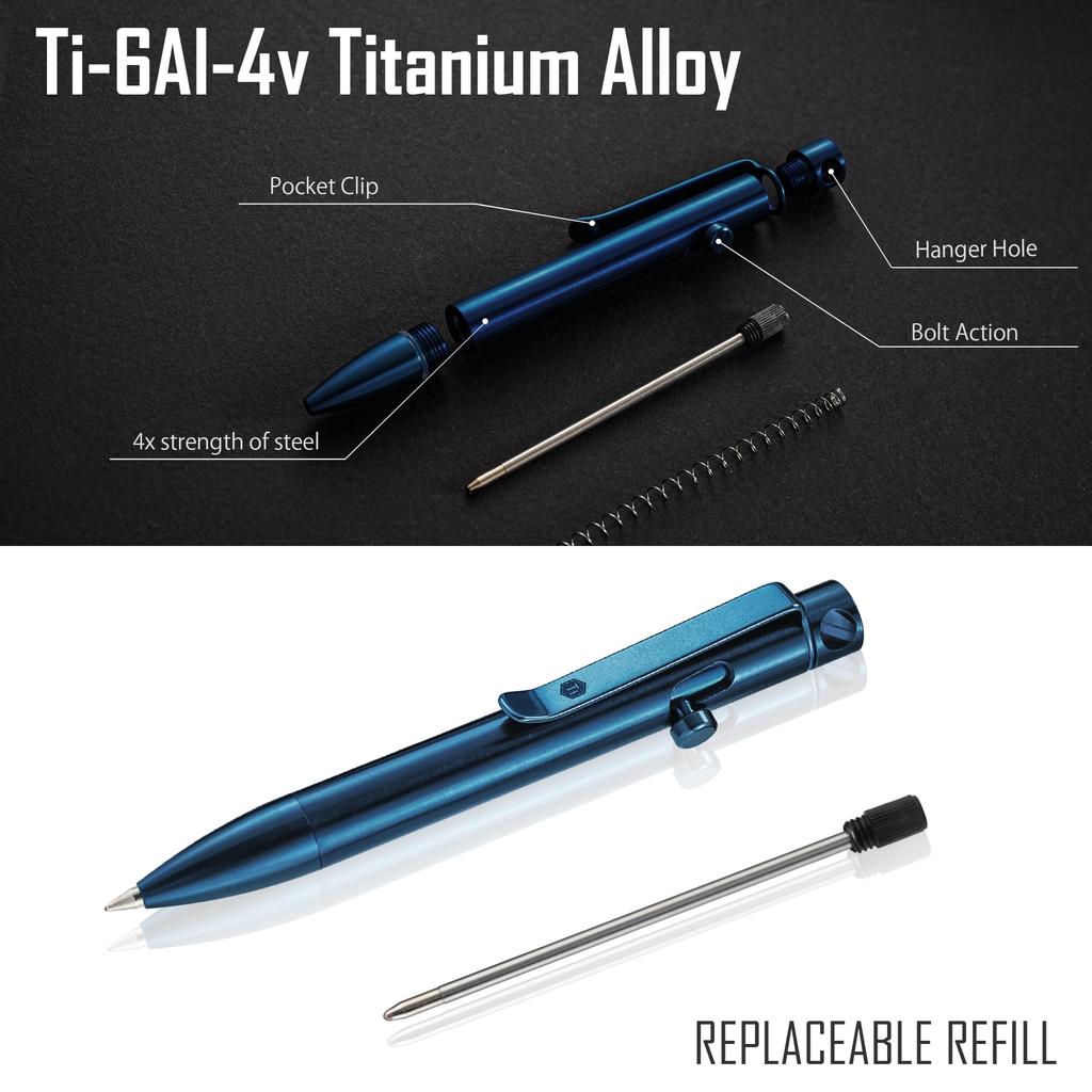 KeyUnity KP04BL Bolt Action Ballpoint Pen with Clip Titanium Alloy EDC Pocket Pen Retractable Metal Ballpoint Pen for Daily Carry