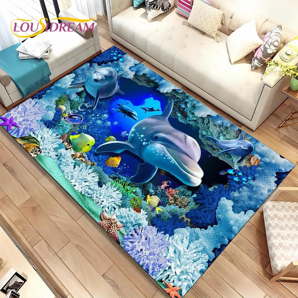3D иллюзия морского дна, подводный мир, коврик с дельфином и акулой, коврик для гостиной, спальни, дивана, коврик, нескользящий напольный коврик