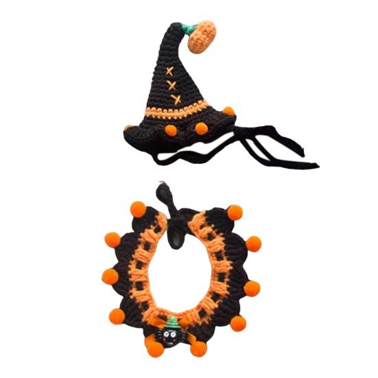 Хэллоуин Домашний питомец Шляпа-тыква Набор ошейника с привидением Регулируемый наряд в готическом стиле для кошек, маленьких собак, вязаные аксессуары для костюма