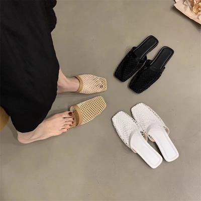 Новые женские тапочки на плоской подошве, с верхом из крупной сетки, квадратным носком, женские мюли для платья, для ежедневной носки, в римском стиле, с закрытым носком, Zapatillas De Mujer