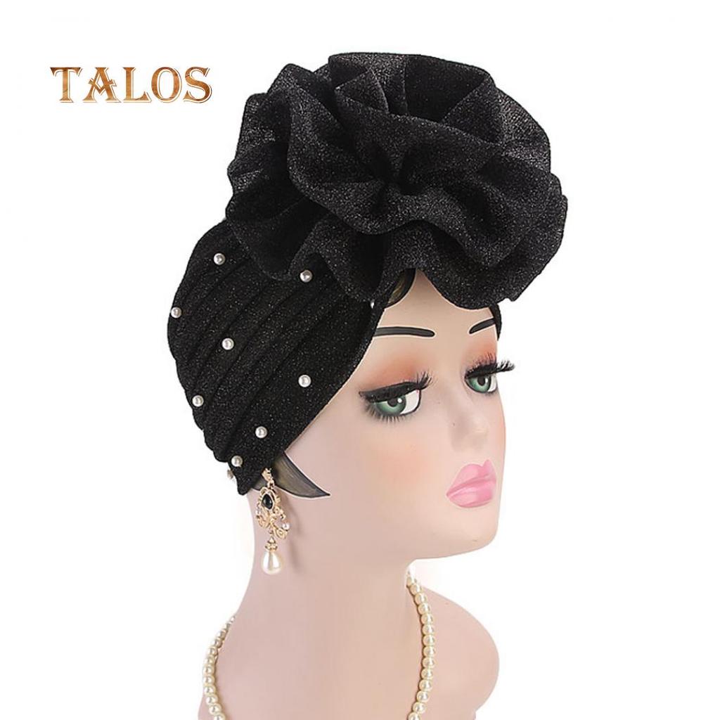 TALOS Fashion Faux Pearl Decor Big Flower Women Hijab Turban Hat Head Wrap