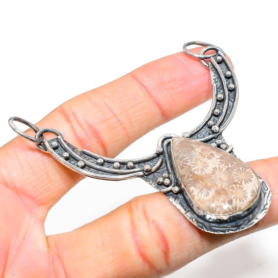 Fossil Coral Handmade 925 Sterling Silver Jewelry Pendant 2.64" G0h83