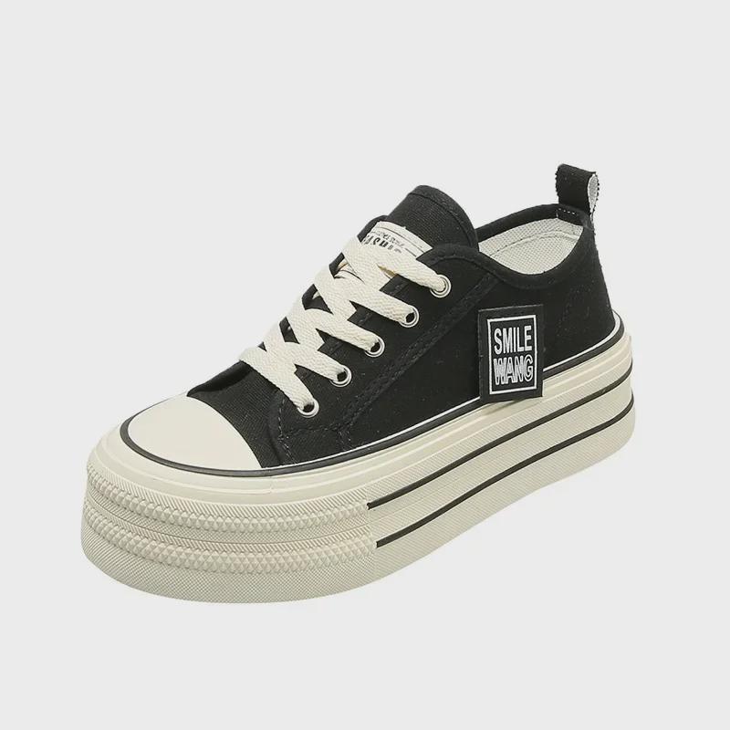 Женские кроссовки из парусины на толстой подошве весна/лето 2024 г. — визуально увеличивающие рост, со шнуровкой, низкие, модный белый цвет в корейском стиле