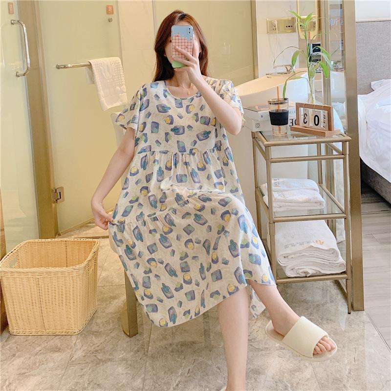 Cotton and silk nightgown women's spring and autumn casual short-sleeved large-size printed pajamas summer thin high-end cotton loungewear