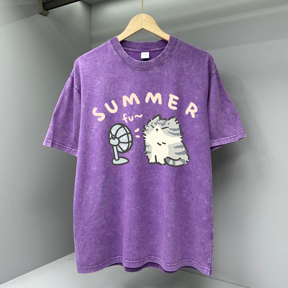 Футболки с принтом мультяшного кота, дующего в вентилятор, для мужчин, модная одежда с круглым вырезом, футболка большого размера, дышащая футболка